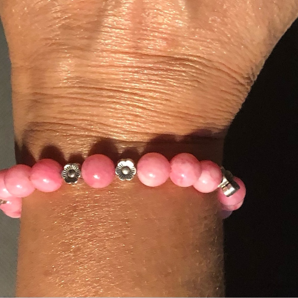 Rose & White Jade Beaded Bracelet with Silver Accents